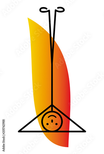 Schematic man yogi and stand on his head. Shirshasana. On an orange background. Vector graphics.