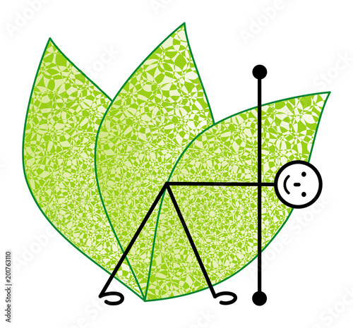 The schematic man is a yogi in the asana triangle, trikanasana. On a background of green leaves. Vector drawing.