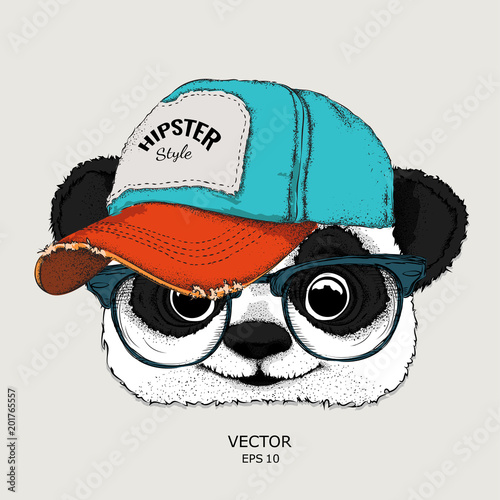 The poster with the portrait of panda in hip-hop cap. Vector illustration