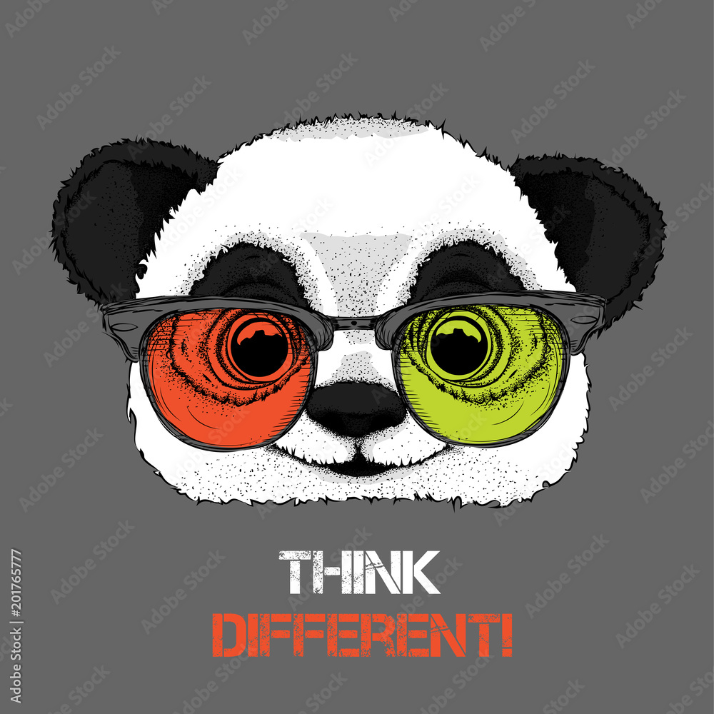 Plakat Portret pandy w kolorowych okularach. Myśl inaczej. Ilustracji wektorowych.