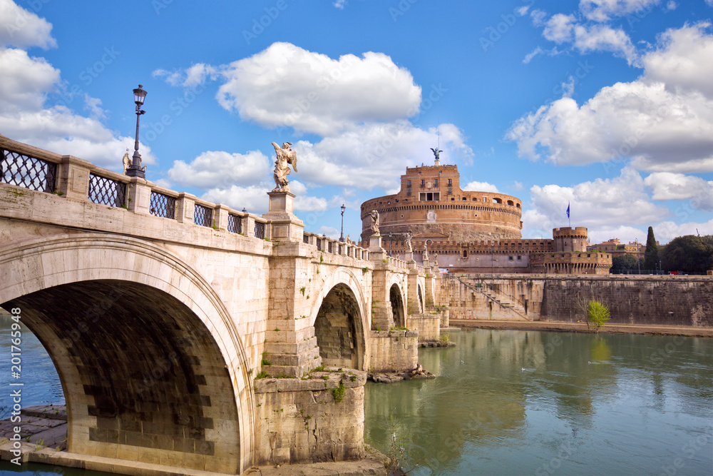 Castle Sant Angelo and bridge across river Tiber in Rome, Italy