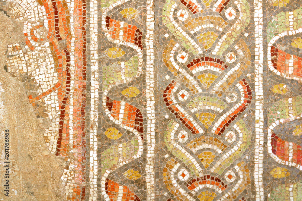 Fifth-century mosaic exterior wall of St. Stephen's Church of Beit Jimal (or Beit Jamal) Catholic monastery near Beit Shemesh, Israel Fifth-century mosaic exterior wall of St. Stephen's Church of Beit Jimal (or Beit Jamal) Catholic monastery near Beit Shemesh, Israel