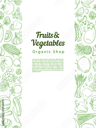 Frame border background pattern of green organic farm fresh tropical fruits and vegetables. Vector illustration. Sketch doodle outline line flat style design. White backdrop top view grocery products