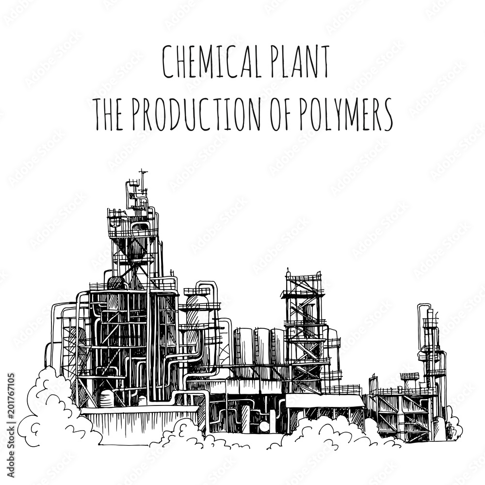 Fototapeta premium Chemical plant, the production of polymers, hand-drawn sketch vector
