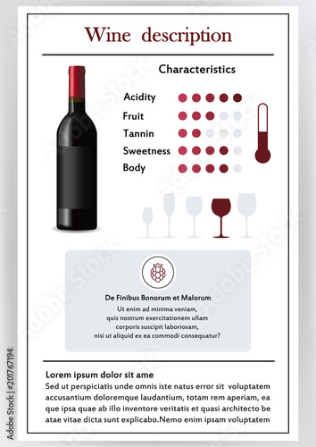Vector illustration.Brochure,form describing the characteristics of red wine.Feed temperature,brief description,history of origin, tableware glass for serving,taste criteria.Tannins,acidity,fortress.