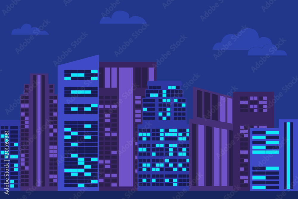 Plakat Night Urban landscape with skyscrapers. Flat design. Vector illustration