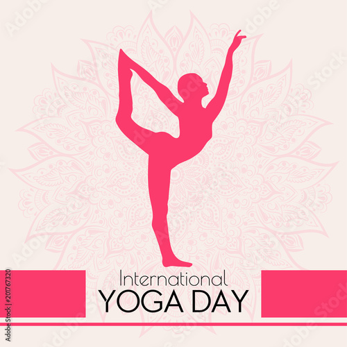 Concept illustration for the International Yoga day with a beautiful mandala and asana natarajasana pose silhouette.