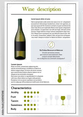 Vector illustration.Brochure,form describing characteristics of white wine.Feed temperature,brief description,history of origin, tableware glass for serving,taste criteria.Tannins,acidity,fortress.