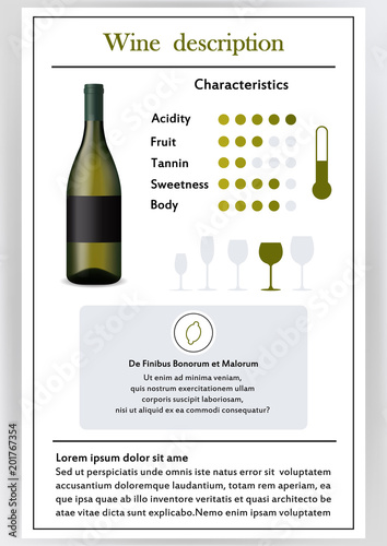 Vector illustration.Brochure,form describing characteristics of white wine.Feed temperature,brief description,history of origin, tableware glass for serving,taste criteria.Tannins,acidity,fortress.