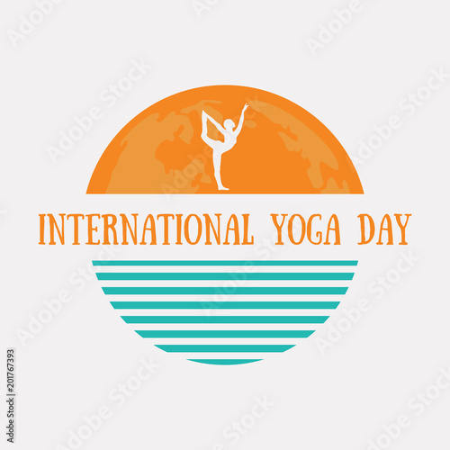 Design concept logotype for the International Yoga day with planet Earth and natarajasana pose silhouette.