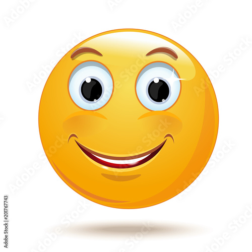 Cheerful smiling smiley. Happy smiley emoticon face. Positive smiling ball. Vector illustration isolated on white background