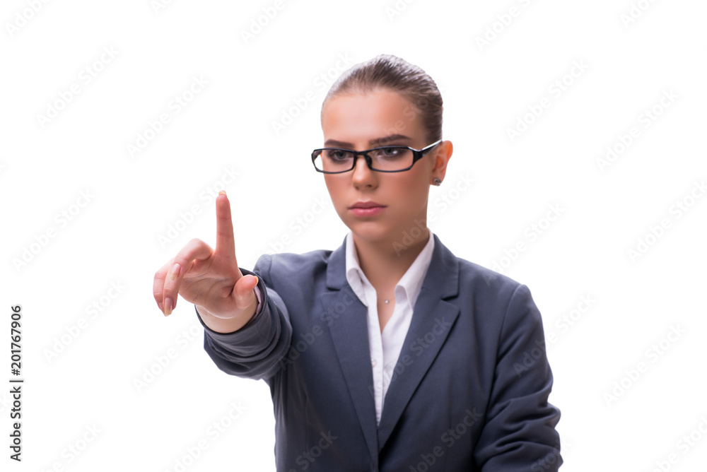 Young businesswoman pressing virtual button on white Young businesswoman pressing virtual button on white