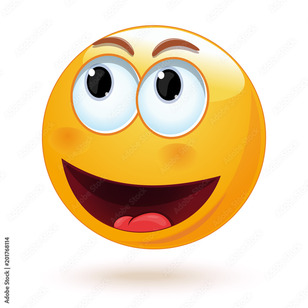 Joyful smiley laughs wide open mouth. Happy smiley emoticon face. Positive smiling ball. Vector illustration isolated on white background