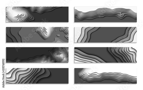 Set of black and white wave. 3D set of colorful abstract paper cut. Abstract colorful waves. Wavy banners. Color geometric form. Wave paper cut. Map line of topography. Map mockup infographics