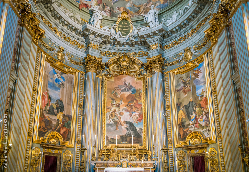 Main altar with scenes from the life of Saint Ignatius by Andrea Pozzo, in the Church of Saint Ignatius of Loyola in Rome, Italy.