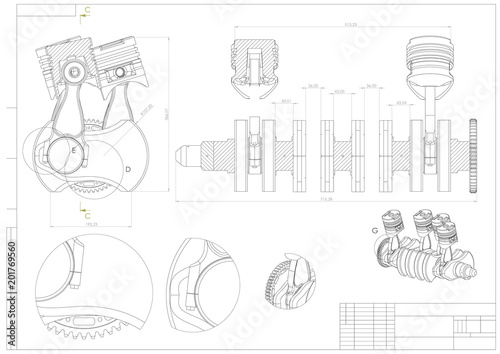 Machine building drawing. Engine car on a white