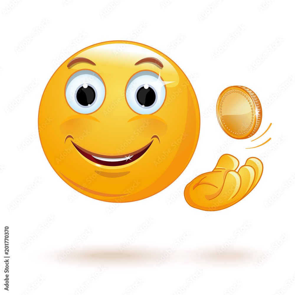 Fototapeta premium Cheerful smiley tosses up a coin. Rich smiley throwing a coin. Happy smiley with a coin. Vector illustration isolated on white background