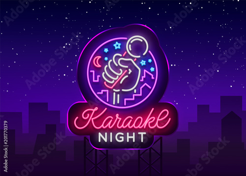 Karaoke night vector. Neon sign, luminous logo, symbol, light banner. Advertising bright night karaoke bar, party, disco bar, night club. Live music. Design template. Billboard photo