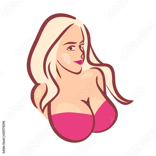 Beautiful Girl in Pink Bra with Big Boobs - Vector Bust for Logo or Emblem of Store or Web Site.
