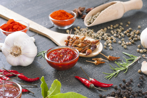 Photography fresh and dried chili fruits, peppercorn, pepper powder, sauce and garlic, bay l