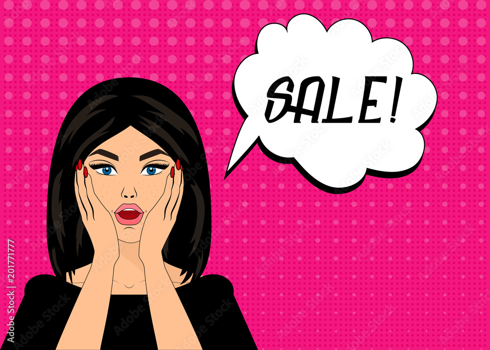 Pop art vector illustration, bright colours, pin up style, surprised woman with speech bubble SALE. Pop art vector illustration, bright colours, pin up style, surprised woman with speech bubble SALE.