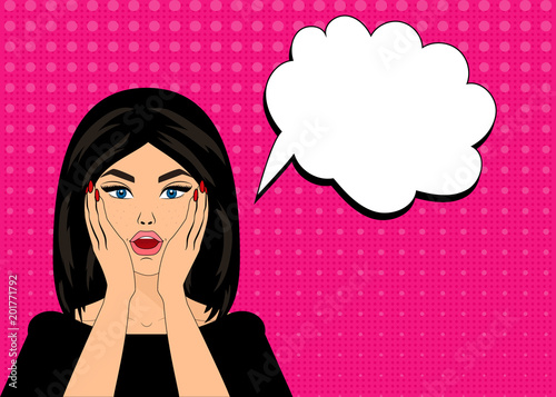 Pop art vector illustration, bright colours, pin up style, surprised woman.