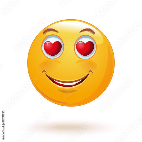 Loving smiley with hearts instead of eyes. Happy smiley emoticon face. Positive smiling ball. Vector illustration