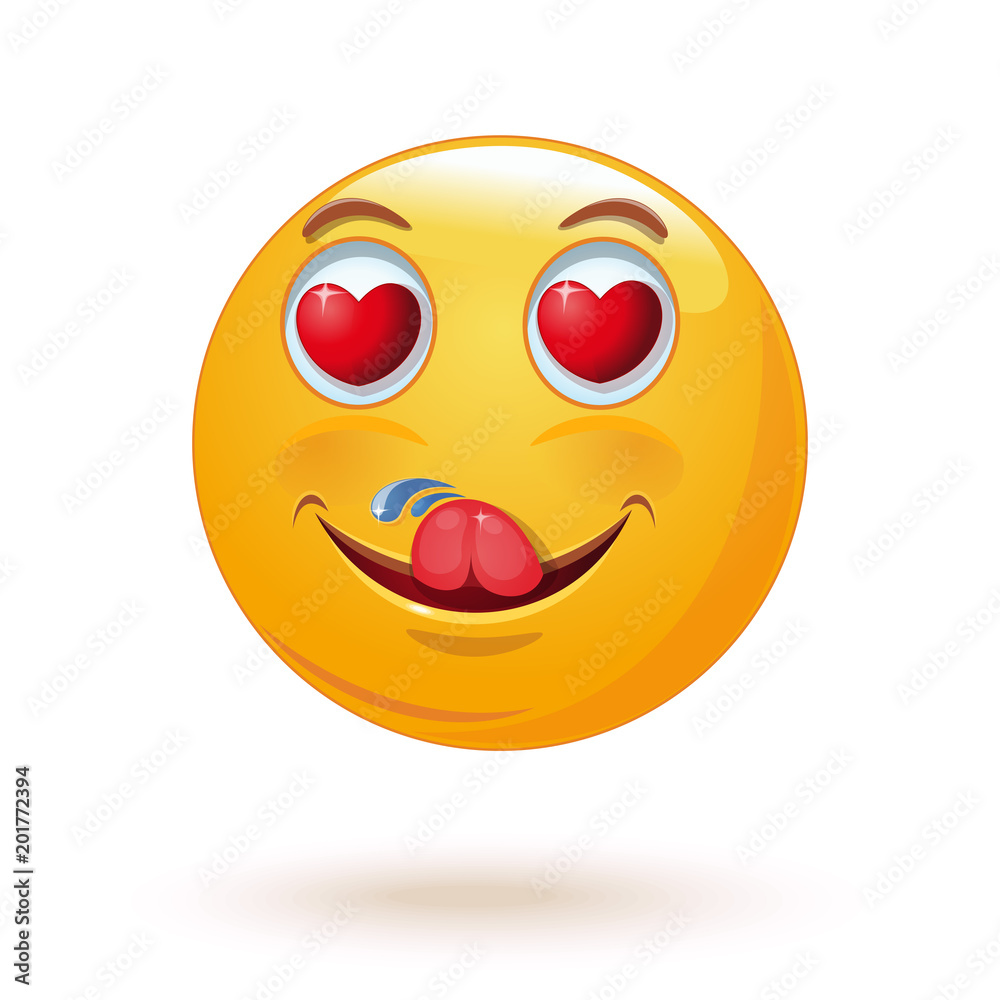 Enamored smiley lustfully licks himself. Emoticon face with hearts in the eyes. Happy loving emoji licking. Vector illustration