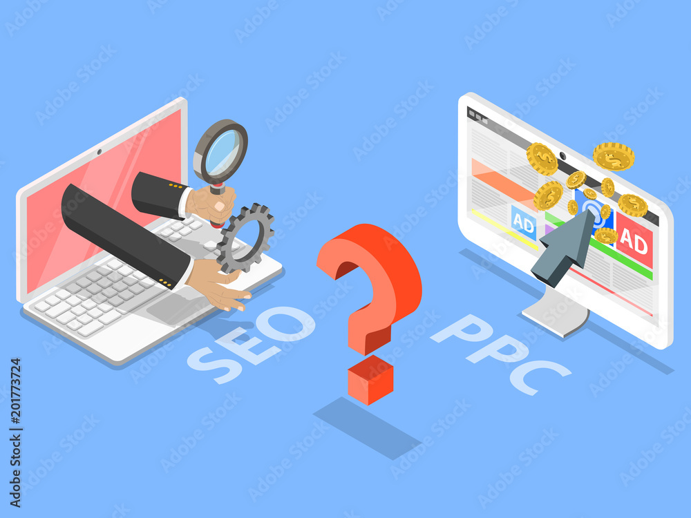 SEO vs PPC flat isometric vector concept. Comparison pay per click and search engine optimization marketing. SEO vs PPC flat isometric vector concept. Comparison pay per click and search engine optimization marketing.