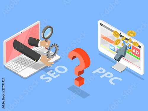 SEO vs PPC flat isometric vector concept. Comparison pay per click and search engine optimization marketing.