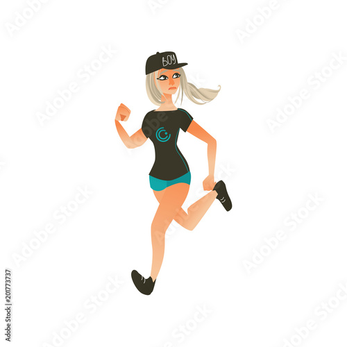 Young sportive girl in summer clothing, blonde hair, cap running looking back. Beautiful female character, redhead woman runaway with afraid face. Isolated vector illustration in cartoon style