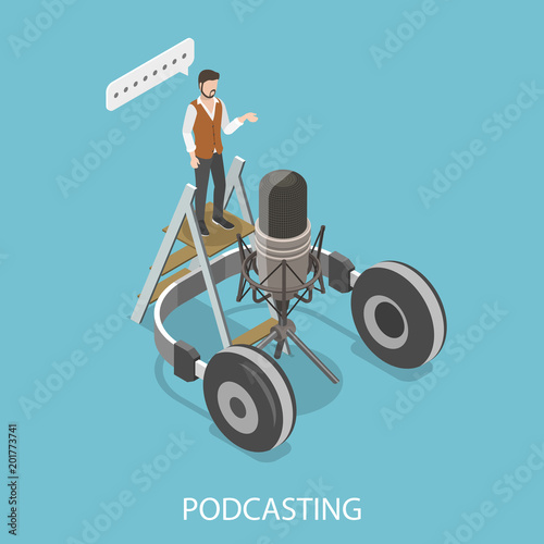 Podcasting flat isometric vector concept. A blogger is standing near the big microphone and recording a podcast.