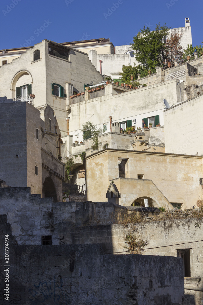 Ancient buildings in historic Sassi district of Matera, Italy
