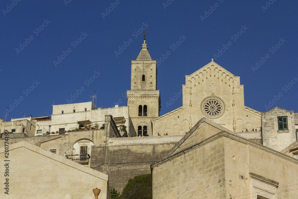 Day view of Matera Duomo Cathedral and its bell tower, in the historic 