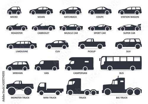Car type icons set. Model automobile. Vector black illustration photo