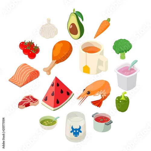 Food icons set. Isometric illustration of 16 food vector icons for web