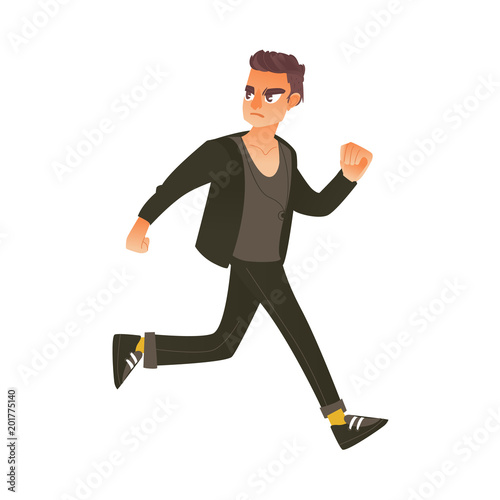 Young man in casual clothing running in panic looking back. Male character runaway with afraid face . Isolated vector illustration in sketch style