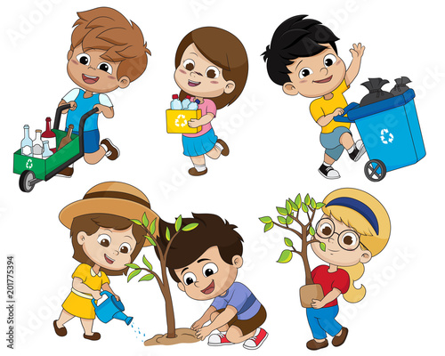 kid help save the world by collecting plastic bottles recycled, garbage drops into the bin and plant trees.