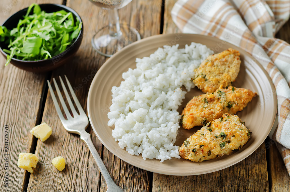 Baked Parmesan Parsley Crusted Chicken with rice