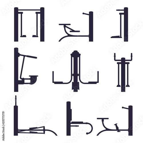 Outdoor workout machine black silhouette. Street gym background elements. Sport background equipment.