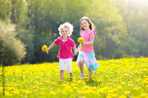 Kids play. Child in dandelion field. Summer flower