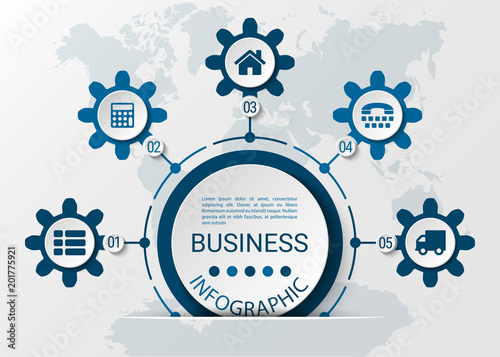 Infographics, visualization of business data. Circular graphic elements with 5 options