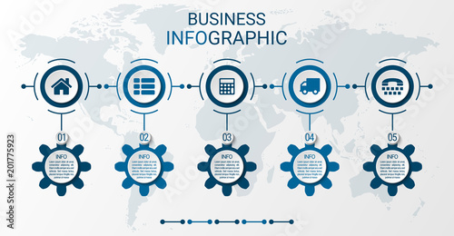 Infographics, timeline 5-step process. Presentation of the process, events, business development