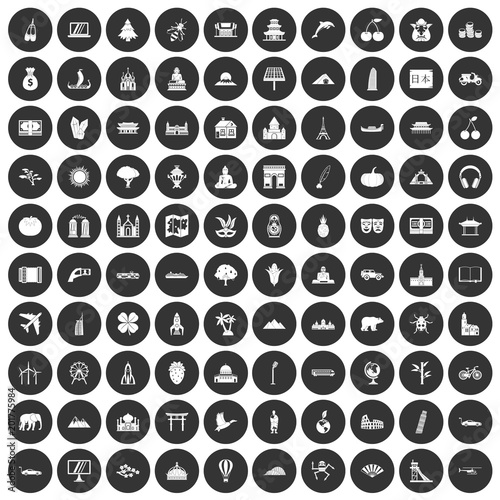 100 world icons set in simple style white on black circle color isolated on white background vector illustration