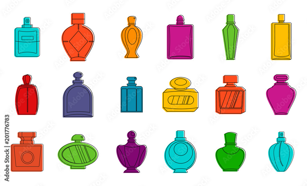 Perfume icon set. Color outline set of perfume vector icons for web design isolated on white background