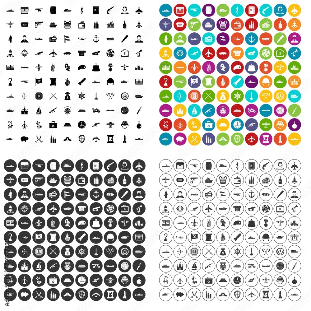 100 combat vehicles icons set vector in 4 variant for any web design isolated on white