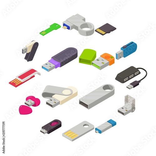 USB flash drive icons set. Isometric illustration of 16 USB flash drive vector icons for web