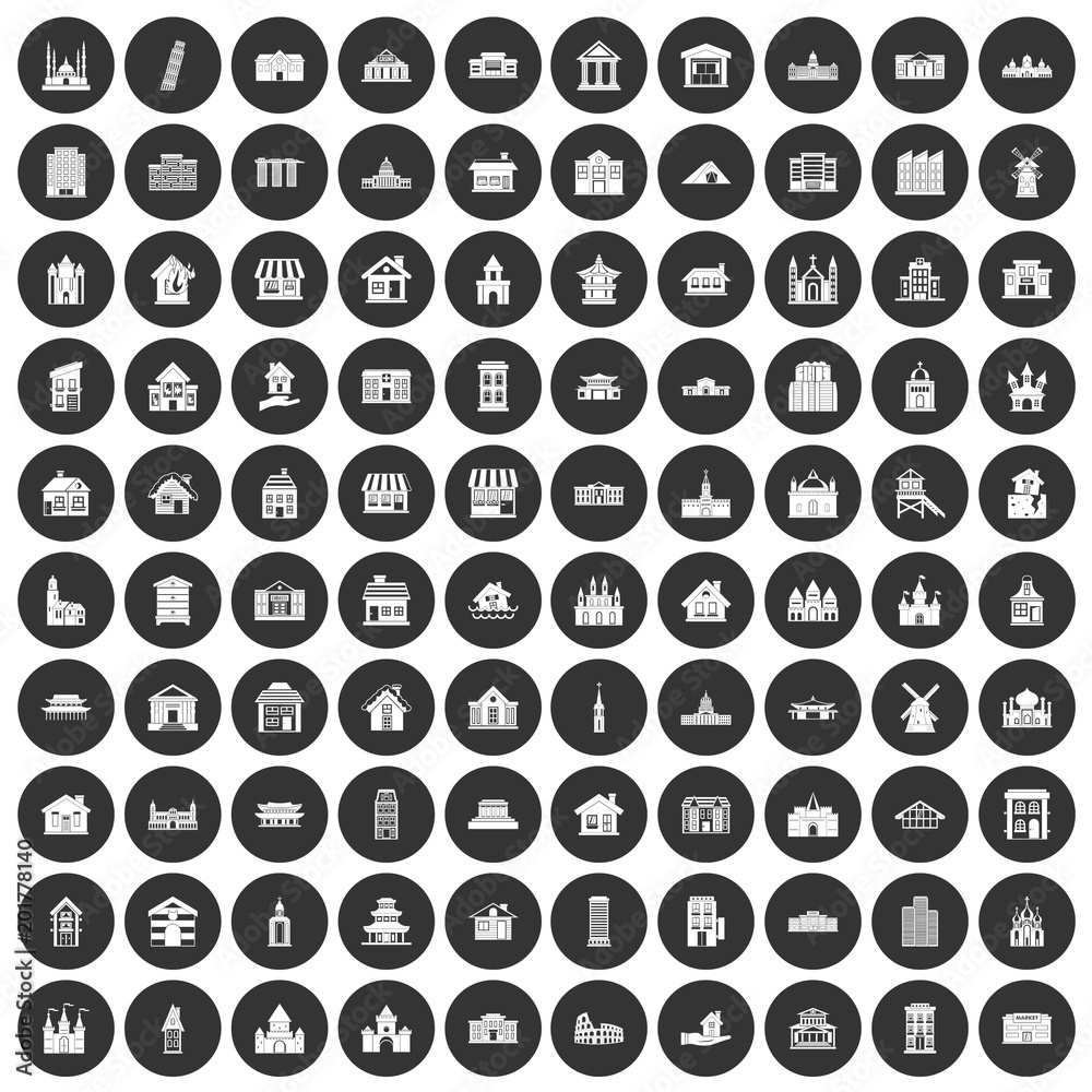 100 building icons set in simple style white on black circle color isolated on white background vector illustration