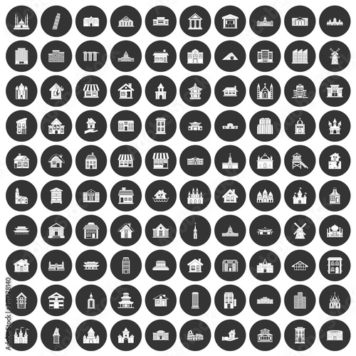 100 building icons set in simple style white on black circle color isolated on white background vector illustration
