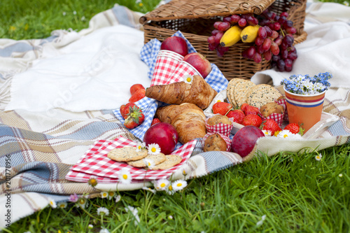 picnic basket and food. Green meadow with flowers. Spring in the Netherlands. holidays